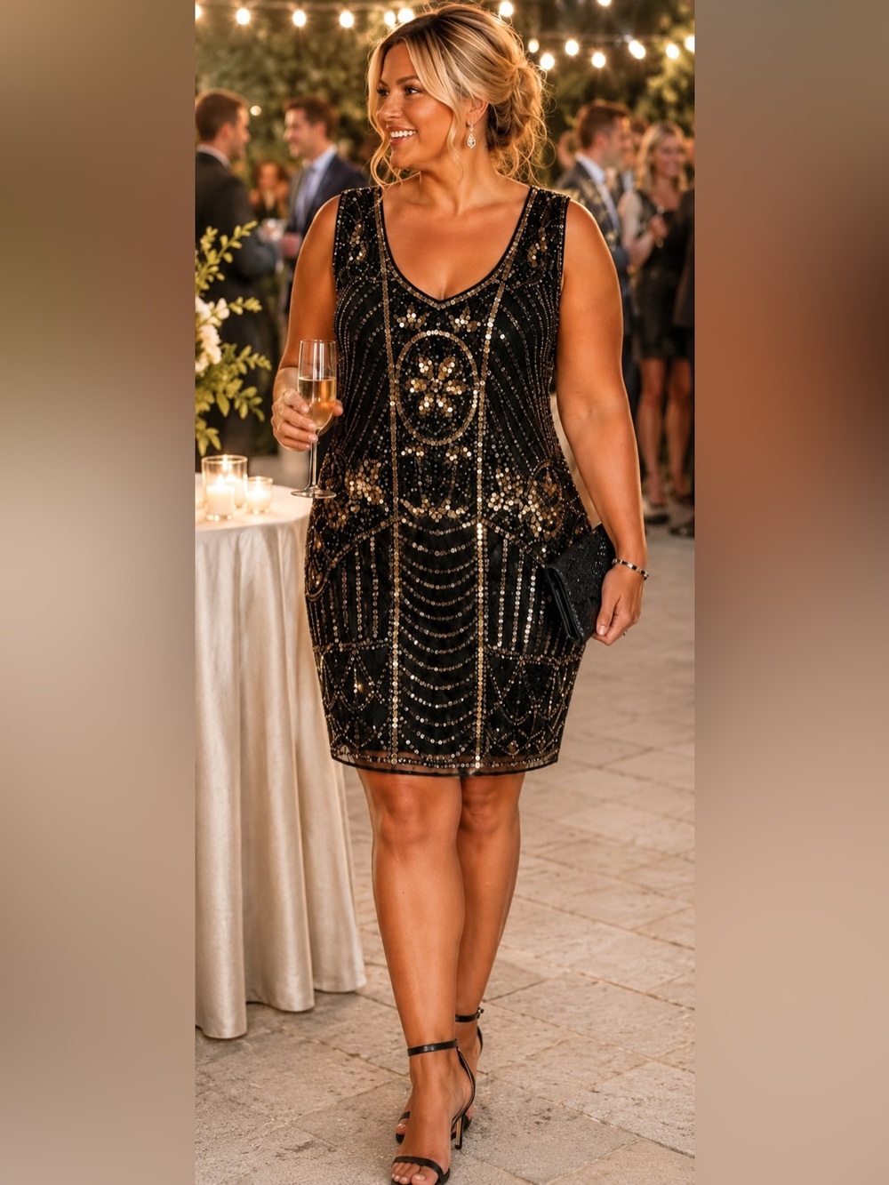 PrettyGuide Black Gold Sequin Beaded Cocktail Dress Wedding Guest 3XL 24 26
